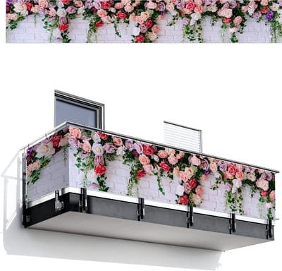 Balkonscherm 500x75 cm - Balkonposter Bloemen - Roze - Planten - Wit - Muur - Balkon scherm decoratie - Balkonschermen - Balkondoek zonnescherm