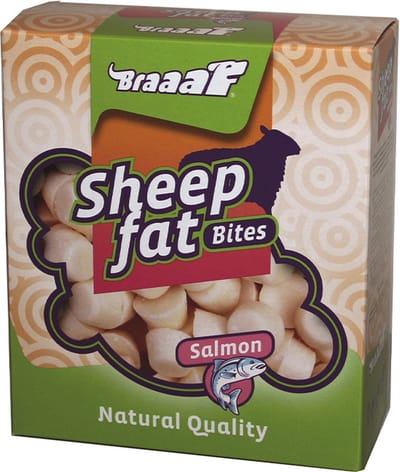 BRAAAF sheepfat bites zalm , voor honden , lekker en zeer gezond 245 gr