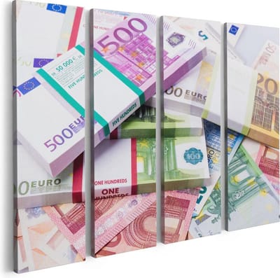 Artaza Canvas Schilderij Vierluik Euro Geld Briefjes - Stapels  - 80x60 - Foto Op Canvas - Canvas Print