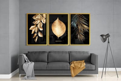 Drieluik Glasschilderij - Gouden Bladeren - Moderne Wanddecoratie - 3x72x46 cm