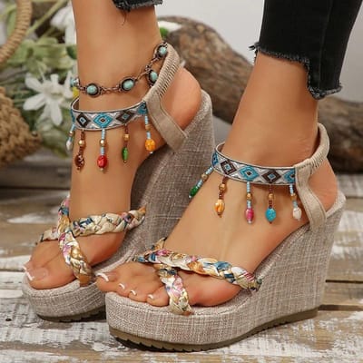 Bohemian Kwast Wedge Hak Sandalen voor Dames Zomer Gedrukte Gevlochten Gladiator Sandalen Vrouw Dik Platform Sandalen Mujer 38 brown
