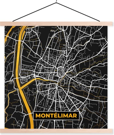Posterhanger incl. Poster 40x40 cm - Schoolplaat - Kaart - Frankrijk - Stadskaart - Plattegrond - Montélimar - Textielposter - Blanke latten - Stadskaart