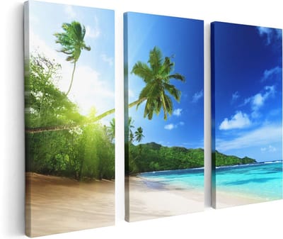 Artaza Canvas Schilderij Drieluik Strand Tijdens Zonsondergang In Seychellen - 120x80 - Foto Op Canvas - Canvas Print