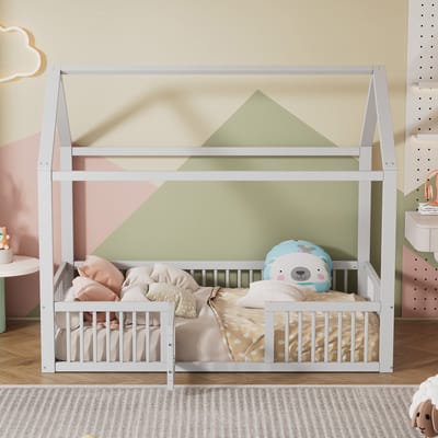 STILVORA Kinderbed Eenpersoonsbed 90x200cm – Huisbed Met Deurtje & Veiligheidshek – Voor Kinderkamer/Jeugd – Grenenhout – Wit – Zonder Matras