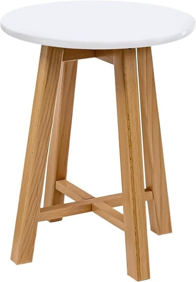 Ronde salontafel, wit blad, 4 poten, MDF en hout, modern design voor de woonkamer, 35 cm, stabiel en gemakkelijk te onderhouden