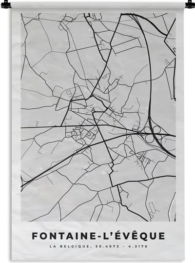 Wandkleed - Wanddoek - Stadskaart – Zwart Wit - Kaart – Fontaine l'Évêque – België – Plattegrond - 120x180 cm - Wandtapijt
