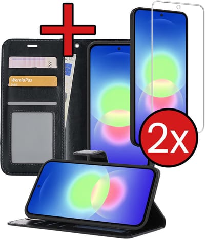 Hoesje - Met 2x Screenprotector - Geschikt voor Samsung Galaxy A27 - Luxe Pasjeshouder - Flip Case - Bookcase Portemonee - Kunstleer Book Case - Flipcase Hoes - Book Cover - Walletcase - Portemonneehoes - Telefoonhoes - Zwart
