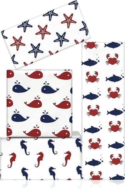 Inpakpapier met zee-thema: zeevis, zeester, zeepaardje en walvis - 8 vellen van 51 x 74 cm voor verjaardagen, vakanties en feestelijke gelegenheden