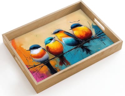 Dienblad hout 40x30 cm - Schootdienblad - Vogels - Kleurrijk - Tak - Abstract - Borrelplank rechthoek - Plateau dienbladen