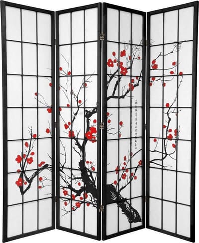 Fine Asianliving Japanse Kamerscherm B180xH180cm 4 Panelen Shoji Rijstpapier Zwart - Sakura
