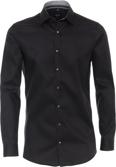 VENTI body fit overhemd - zwart twill (contrast) - Strijkvriendelijk - Boordmaat: 38