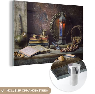 MuchoWow® Glasschilderij 150x100 cm - Schilderij acrylglas - Boek - Stilleven - Walnoot - Lantaarn - Vintage - Foto op glas - Schilderijen