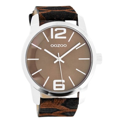 OOZOO Timepieces - Zilverkleurige horloge met bruine leren band - C8042