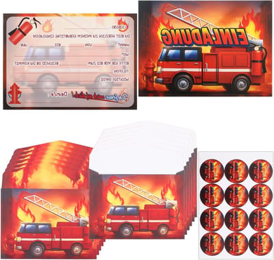 12-delige set brandweer uitnodigingen voor kinderfeestjes, inclusief enveloppen en stickers voor jongens