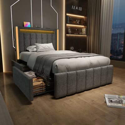 VVBV Gestoffeerd Bed met Opbergruimte 90x200 cm met Houten Lattenbodem, Voor Kinderen/Tieners - Hout Grijs - Zonder Matras