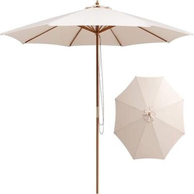 Houten Tuinparasol 300 cm Rond – Verstelbare Hoogte, Katrolsysteem en UV-Bescherming – Luxe Terrasparasol met Ventilatie voor Tuin, Balkon, Strand & Zwembad – Beige – Nicolehome