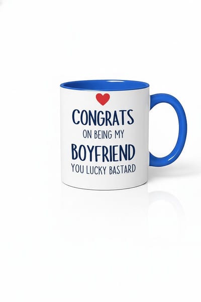 Grappige Mok voor Vriend - Congrats on Being My Boyfriend Lucky Bastard - Blauw Wit Design Cadeau