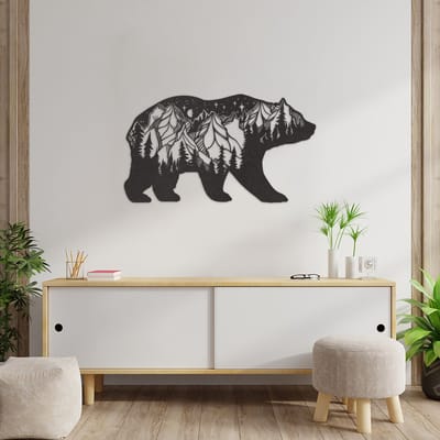 Wanddecoratie Beer - Muurdecoratie Beer - Muurdecoratie Bergen - Wanddecoratie Bergen - Muurdecoratie Hout - Wanddecoratie Hout - Wanddecoratie Industrieel - Wanddecoratie Dieren - Home Decor - Wall Line Art - 89 x 50 cm