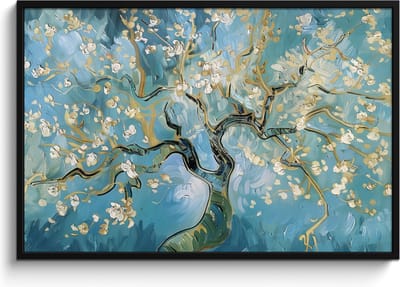 Poster in lijst - Fotolijst 120x80 cm - Posters - Amandelbloesem boom - Blauw - Abstract - Posterlijst zwart - Decoratie - Wanddecoratie woonkamer - Muurdecoratie slaapkamer