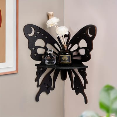 1 creatieve holle vlindervormige houten wandhoekplank, decoratieve wandbeugel met rechte hoek, ideaal voor wanddecoratie in huis zwart