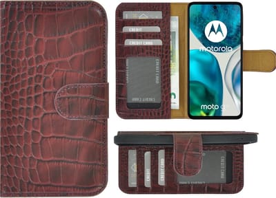 Geschikt voor Motorola Moto G13/ G23 Hoesje - Bookcase - Moto G13/ G23 Hoesje Book Case Wallet Echt Leer Croco Kastanjebruin Cover