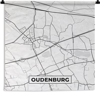 Wandkleed - Wanddoek - Stadskaart – Plattegrond – België – Zwart Wit – Oudenburg – Kaart - 180x180 cm - Wandtapijt