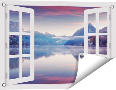 Gards Tuinposter Doorkijk Meer in de Bergen - 60x40 cm - Tuindoek - Tuindecoratie - Wanddecoratie buiten - Tuinschilderij