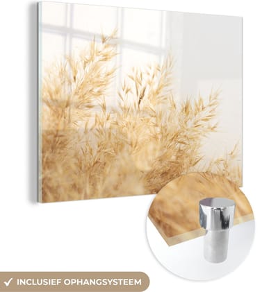 MuchoWow® Glasschilderij 120x90 cm - Schilderij acrylglas - Tarwe - Natuur - Zon - Foto op glas - Schilderijen