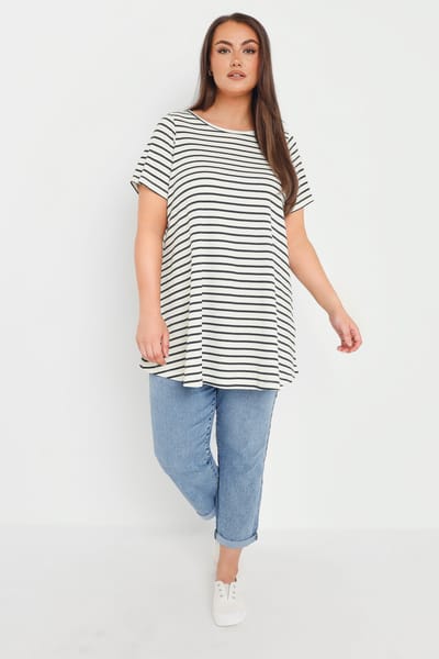 Yours Geribbelde Top Van Katoenmix Met Strepenprint In Wit Size 44