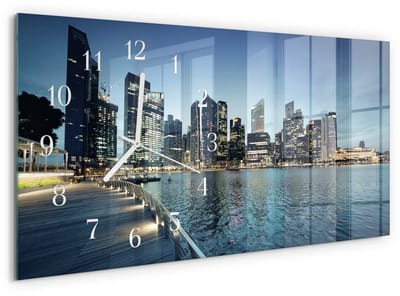 Tulup Wandklok - Stad 's nachts Glazen Wandklok Design - 60x30 cm - Blauw Klok Glas Met Opdruk - Witte Handen - Rechthoekige Wandklok - Klok Glas Met Opdruk - Moderne Wandklok Glas