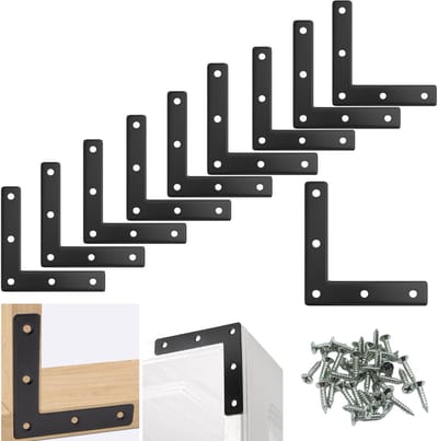 hoek, hoekverbinder, L-vorm, 10 stuks, 90 graden hoekklemmen, L-vormige hoekhoek met schroeven, metalen hoek, 80 x 80 mm, platte meubelhoek, platte connector voor kast, tafel, stoel, zwart
