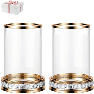 Dailygoods- Stompkaarsenhouder Goud - Windbestendig - Glazen Kap - Metalen Kandelaar - Strass Decoratie - Geschikt voor 3"x5" Kaarsen