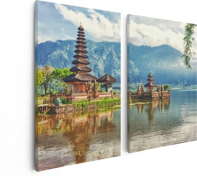 Artaza Canvas Schilderij Tweeluik Pura Tempel in Bali op het meer Beratan - 80x60 cm - Wanddecoratie Woonkamer - Schilderijen - Muurdecoratie