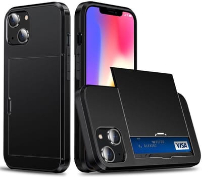 Hoesje met Kaarthouder Slider Geschikt voor Apple iPhone 15 Plus | Back Cover Pasjeshouder Achterkant | Kaarthouder voor Twee Pasjes | Zwart