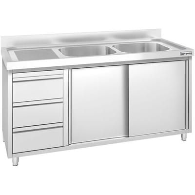 GGM Gastro Spülschrank PREMIUM - 1400x600mm - mit 3 Schubladen & 2 Becken rechts