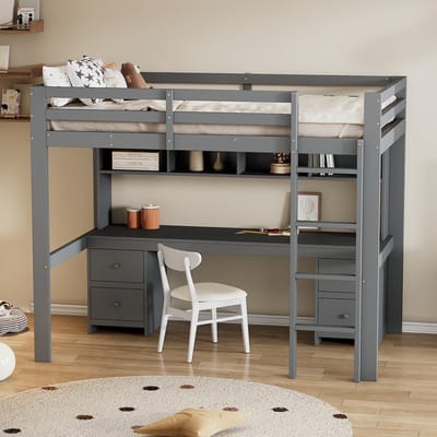 MODFU Hoogslaper 90x200 cm – Grenenhout en MDF – Met bureau & opbergruimte – Grijs