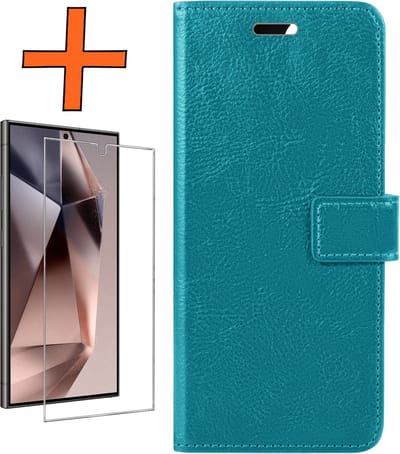 Hoes - Met Screenprotector - Geschikt voor Samsung Galaxy S24 Ultra - Luxe Pasjeshouder - Bookcase Portemonee - Flip Case - Kunstleer Book Case - Flipcase - Book Cover - Walletcase - PortemonneeHoes - Turquoise