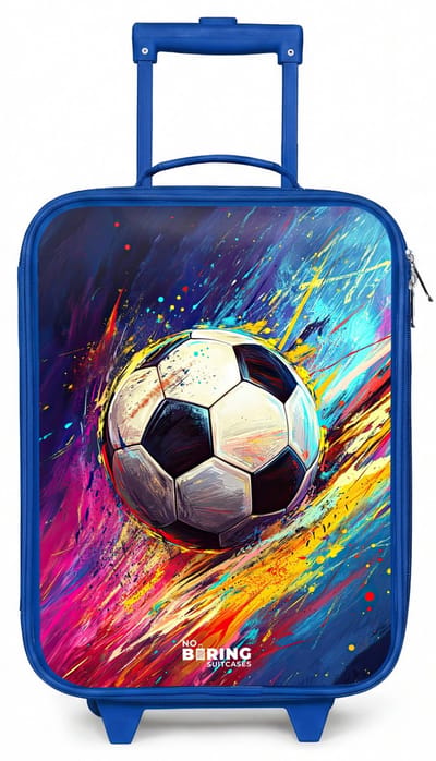 NoBoringSuitcases.com® - Kinderkoffer blauw - Kindertrolley jongen - Neon - Voetbal - Kleurrijk - Koffer kind lichtgewicht - Reiskoffer trolley voor kinderen - Koffertje met lichtgevende wieltjes - Rolkoffer
