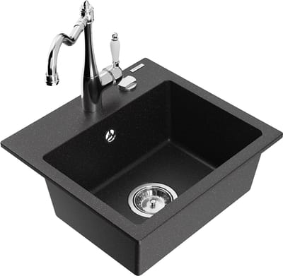 Mexen Milo granieten spoelbak 1-kompartement met keukenmengkraan Carla, zwart/zilver metallic - 6505-73-670700-00