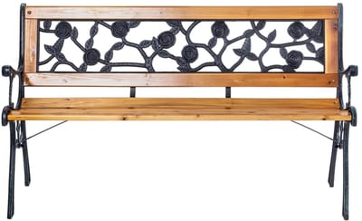 Sensova - Houten Tuinbank 127 cm - Tuinbank Met Gietijzeren Frame En Rozen Design - Weerbestendig Buitenbank Voor Tuin, Balkon En Terras - Ergonomische Zitbank Met Armleuningen En Rugleuning - Duurzaam En Stabiel Design