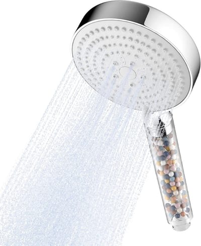 Filtered douchekop met 6 sproeistanden, groot formaat, waterbesparend, heldere handgreep en witte deksel, chroomafwerking
