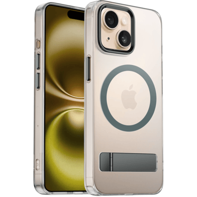 Coverzs Hardcase met Standaard (Grijs) Geschikt voor iPhone 15 – Magnetisch Telefoonhoesje met Slank Ontwerp en Betrouwbare Bescherming