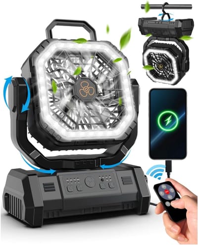 SnelShoppen - Draagbare Campingventilator 20.000 mAh met Afstandsbediening, LED-Licht, 4 Snelheden, Stille Slaapmodus, 45°/90° Oscillatie, Oplaadbare