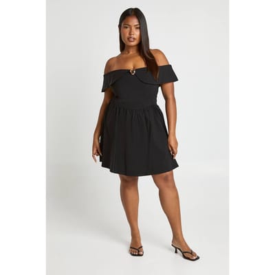 boohoo Dames Plus Gouden Rand Bardot Skater | Zwart | Maat: 44