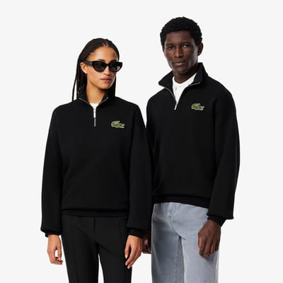 Lacoste Uniseks Zip Neck Sweatshirt met accenten voor volwassenen Loose Fit (Zwart)