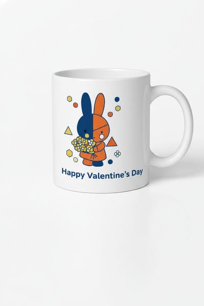 Valentijnsdag Mok Happy Valentine's Day | Tweekleurig Konijn met Bloemen Design | Uniek Valentijnscadeau