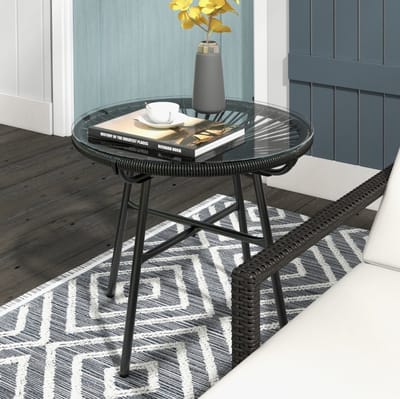 MIVRAY Tuintafel - Boho Bijzettafel Voor Tuin En Balkon Met Gehard Glazen Blad - Zwart PE-Rattan En Metaal - Rond 50x50x50 Cm