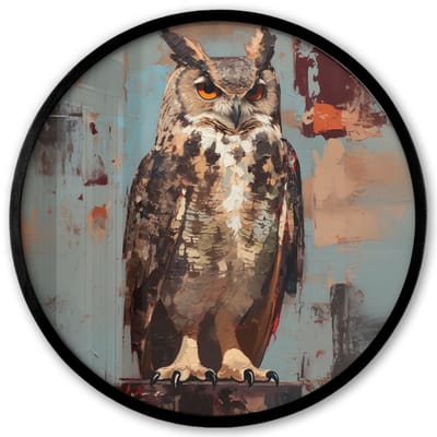 Poster in lijst Rond - Fotolijst 40x40 cm - Posters - Geschilderd - Abstract - Uil - Bruin - Ronde posterlijst zwart - Decoratie - Wanddecoratie woonkamer - Muurdecoratie slaapkamer