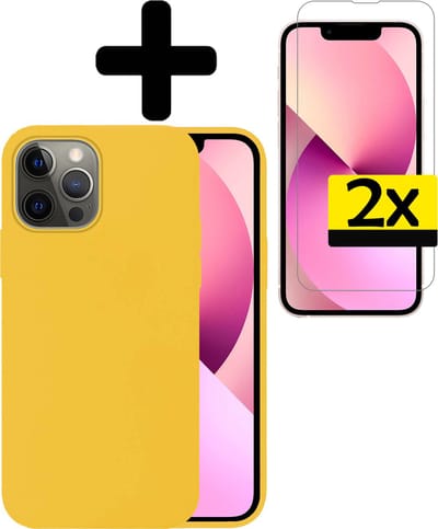 Hoesje - Met 2x Screenprotector - Geschikt voor Apple iPhone 14 Pro - Sterk & Shockproof - Back Cover - Siliconen Case - Telefoon Hoes - Telefoonhoesjes - Geel