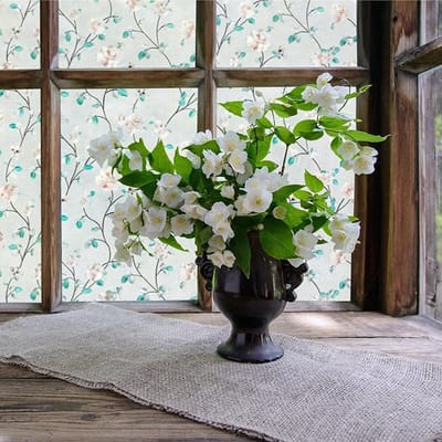 Raamfolie - Statisch Hechtende Decoratieve Raamfolie - 17,5" x 78,7" - Lijmvrije Matte Privacyfolie - Jasmijnbloemmotief en Glas-in-loodmotief - Tint voor Thuis, Badkamer en Kantoor